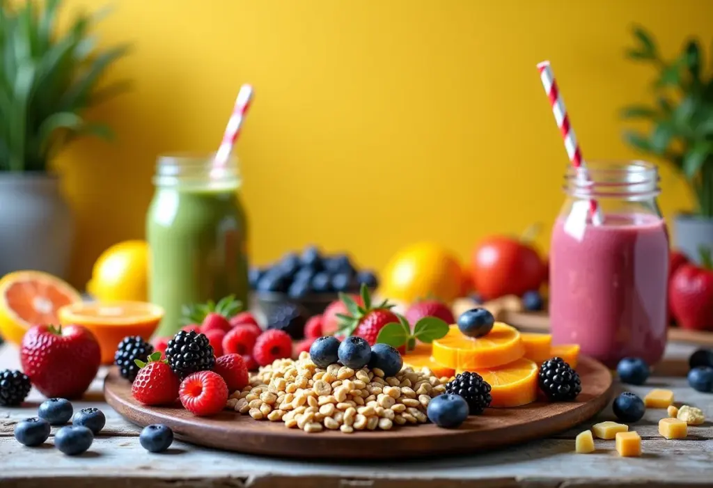 Mesa de café da manhã nutritivo e barato com aveia, frutas e smoothie.