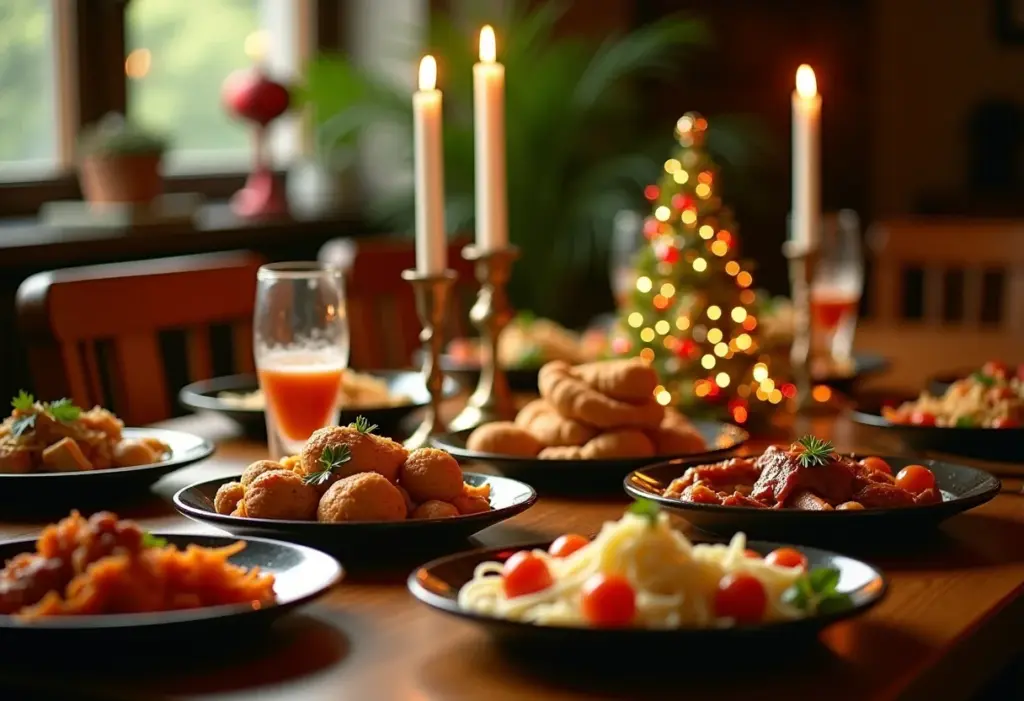 Mesa de ceia de Natal compartilhada com diversos pratos e decoração festiva.