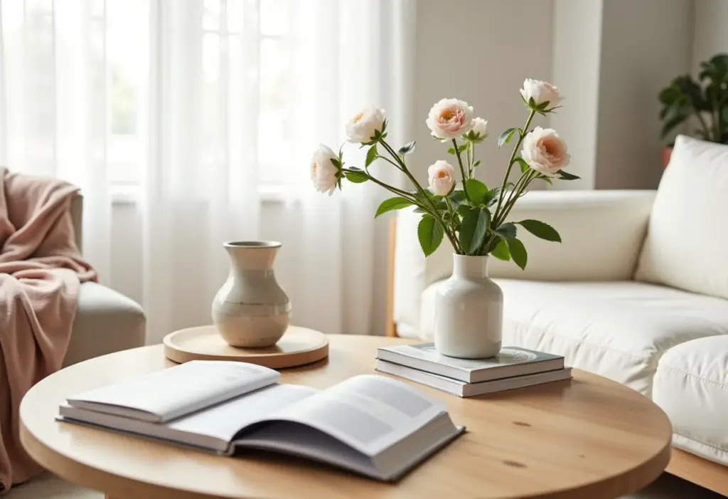 Mesa de centro moderna em sala de estar iluminada