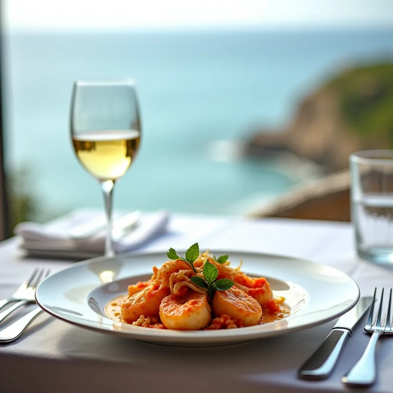 Mesa em restaurante com Chiclete de Camarão e vista para o mar