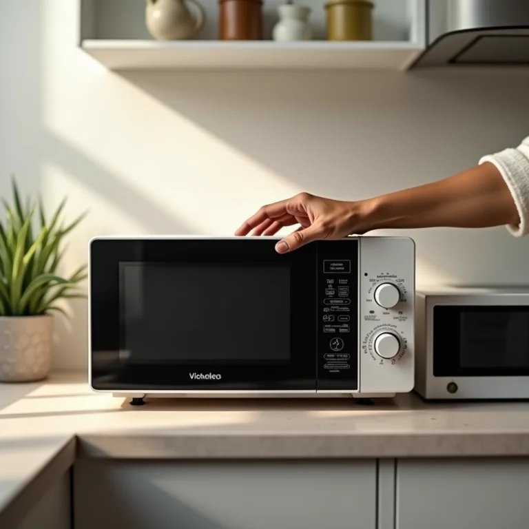 Microondas de marca menos conhecida em uma cozinha moderna.