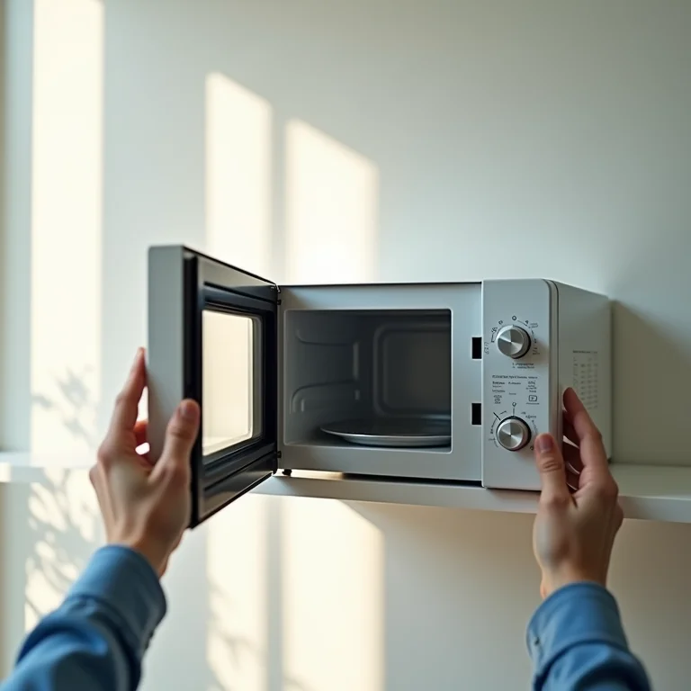 Microondas de mostruário sendo inspecionado em loja.