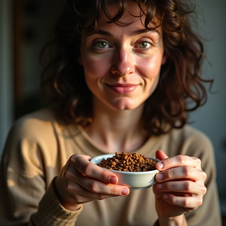 Mulher adicionando óleo de salmão ao patê de gato