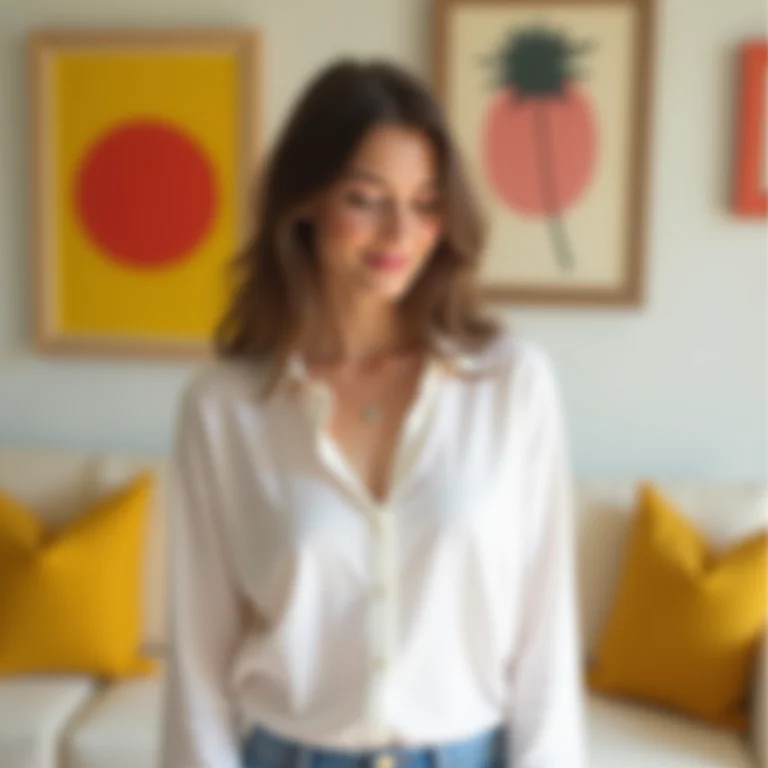 Mulher adicionando toques de cores vibrantes em uma sala de estar neutra.