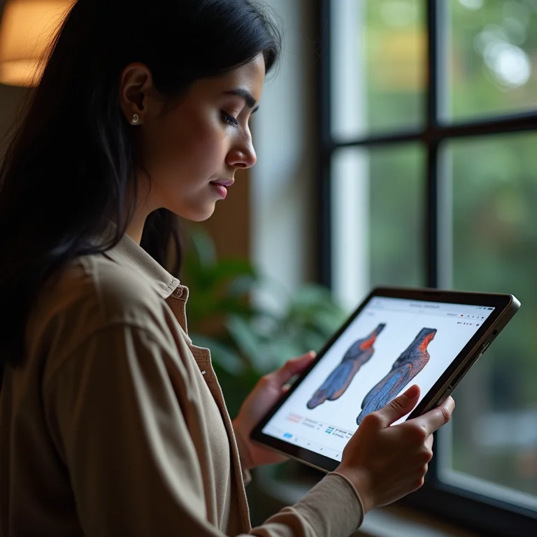 Mulher analisando comparativo de aplicativos de scanner 3D.