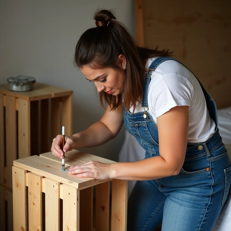 Mulher aplicando verniz em caixote de madeira