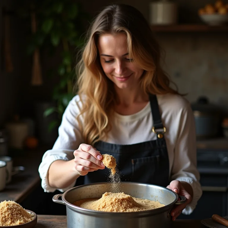 Mulher branca adicionando açúcar mascavo à cocada queimada