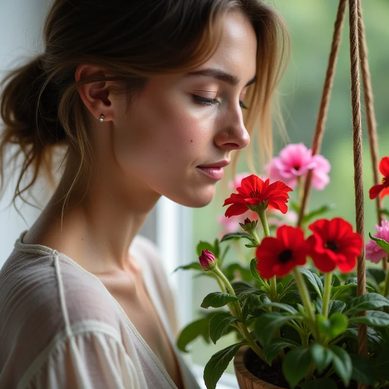 Mulher branca admirando petúnias floridas em sua varanda.