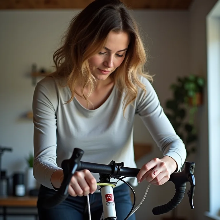 Mulher branca ajustando bicicleta em casa.