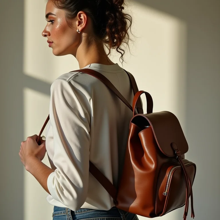 Mulher branca ajustando mochila cargueira