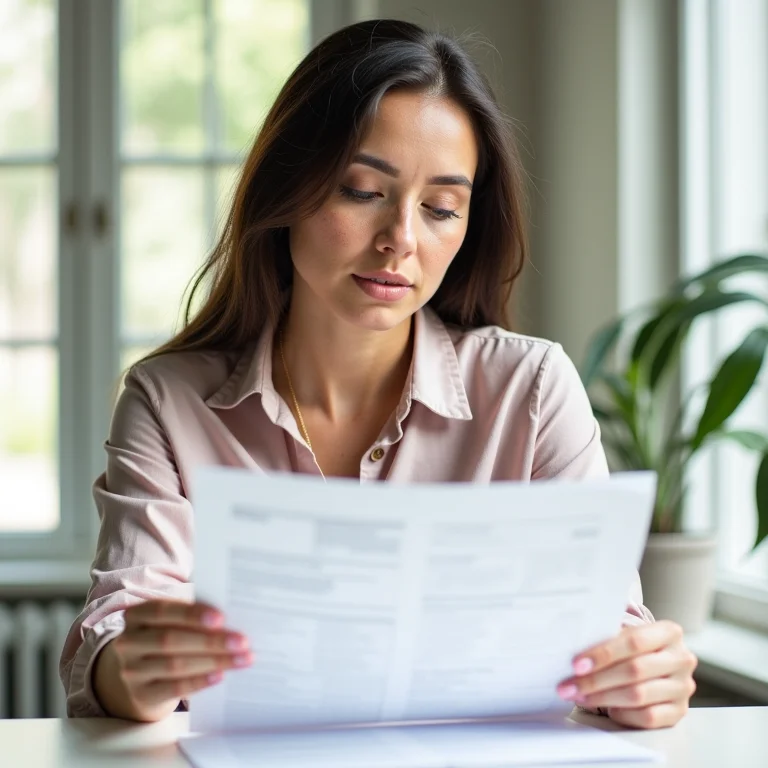 Mulher branca analisando documentos sobre leasing de carro