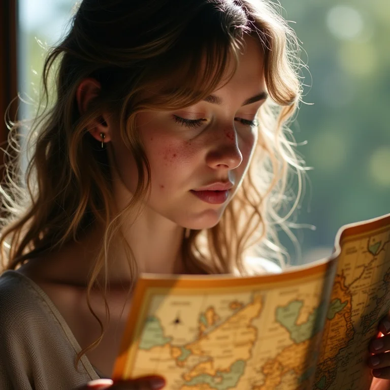 Mulher branca analisando mapa antigo com desenhos de pipas