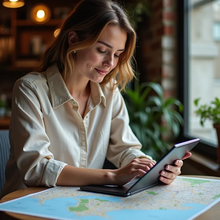 Mulher branca analisando mapas e opções de ponto comercial para loja.