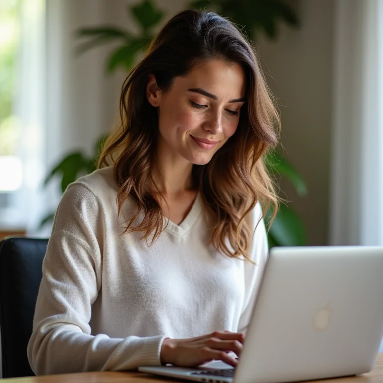 Mulher branca analisando preços para aluguel de Airbnb no laptop