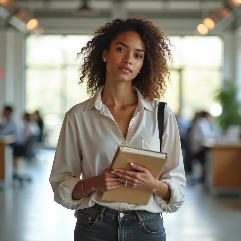 Mulher branca andando confiante em um escritório