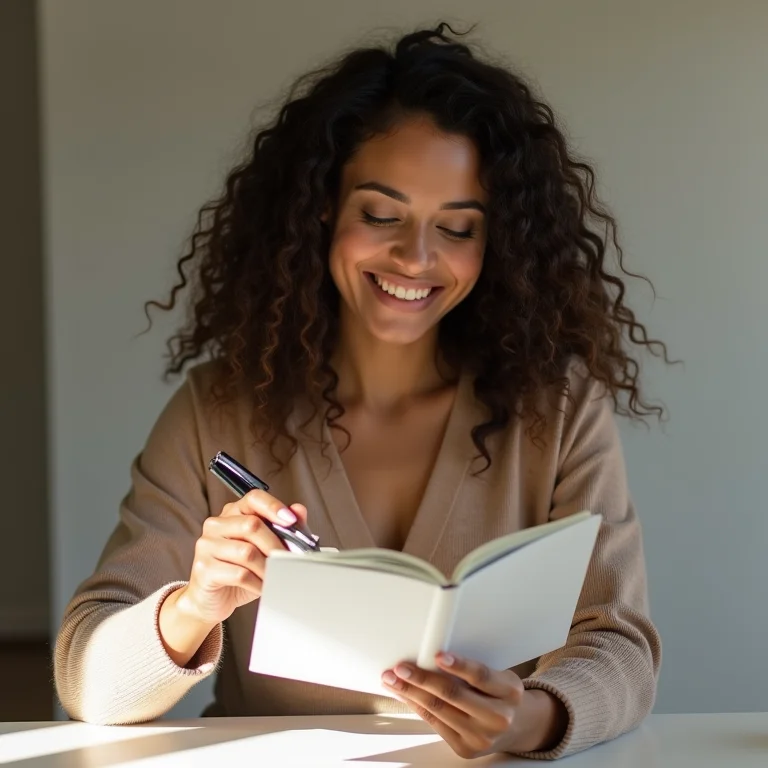 Mulher branca anotando feedback em um caderno