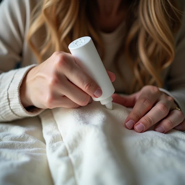 Mulher branca aplicando cola de tecido em capa de almofada.