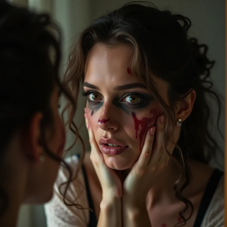 Mulher branca aplicando maquiagem de lobisomem no espelho