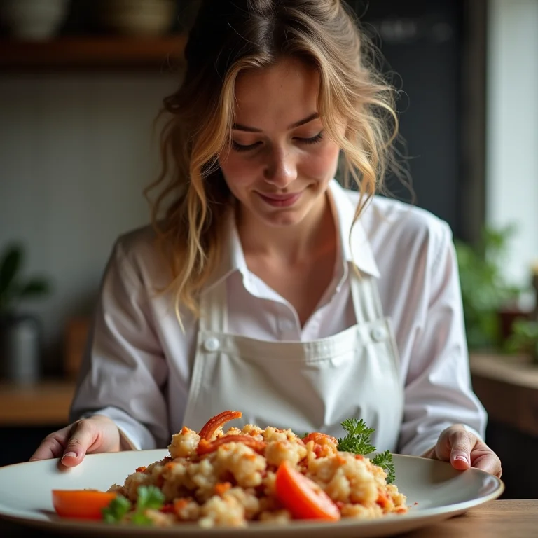 Mulher branca aprendendo a cozinhar Chiclete de Camarão