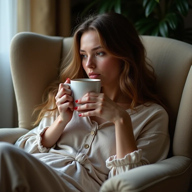 Mulher branca bebendo chá de framboesa em poltrona confortável