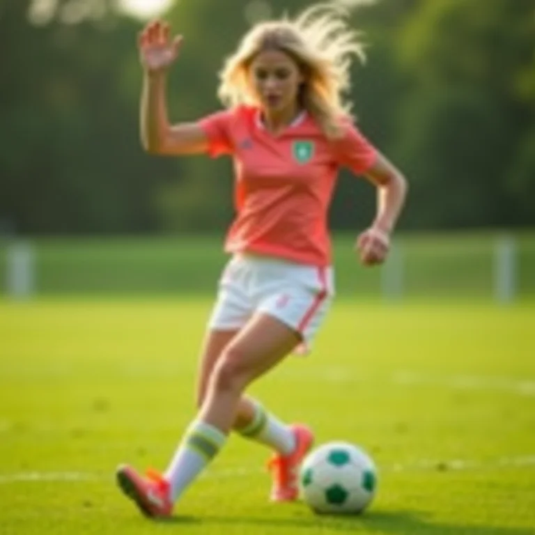 Mulher branca chutando bola de futebol em campo verde