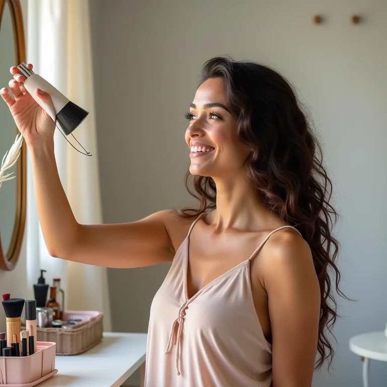 Mulher branca com cabelo ondulado usando organizador giratório.