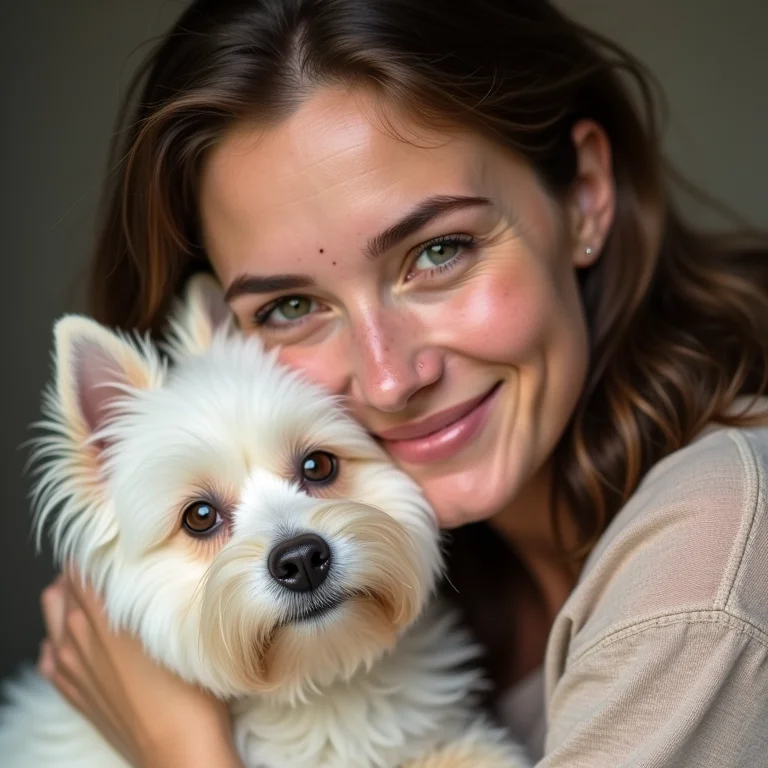Mulher branca com sardas abraçando um cachorro branco.