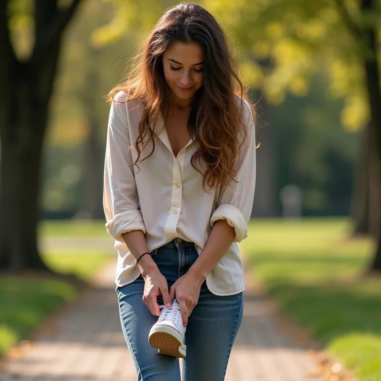 Mulher branca com sardas ajustando seus calçados ortopédicos confortavelmente
