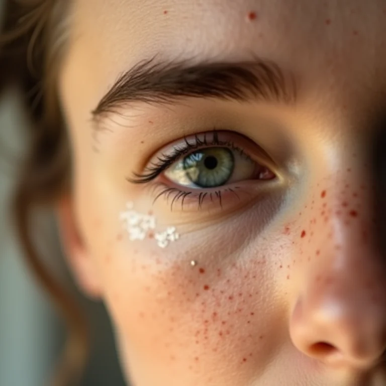 Mulher branca com sardas aplicando primer nos olhos