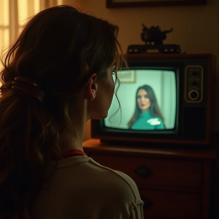 Mulher branca com sardas assistindo ao filme 'Por uns Dólares a Mais' em uma televisão antiga.