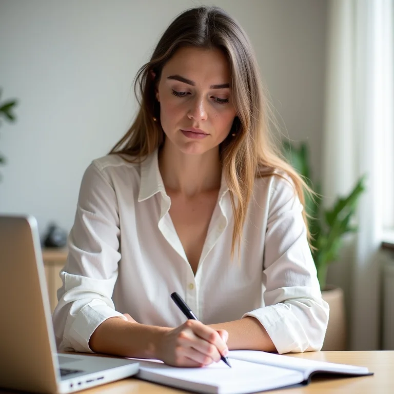 Mulher branca com sardas concentrada em anotações durante reunião online no Notion.