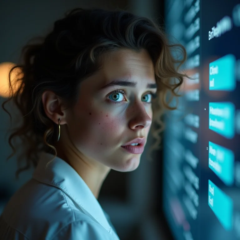 Mulher branca com sardas e cabelo ondulado analisando dados médicos.