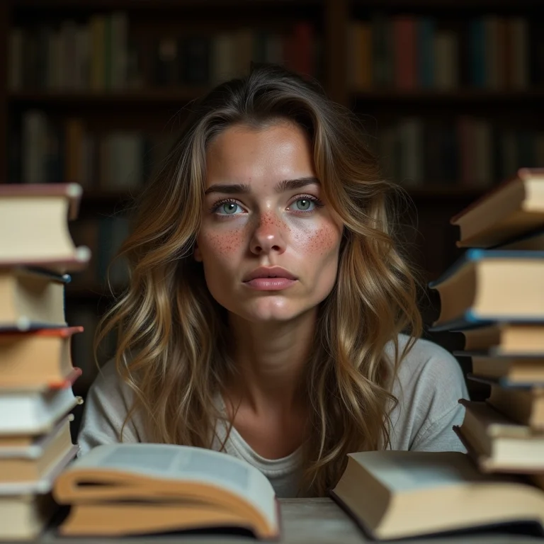 Mulher branca com sardas e cabelo ondulado, demonstrando frustração ao lado de uma pilha de livros não lidos.