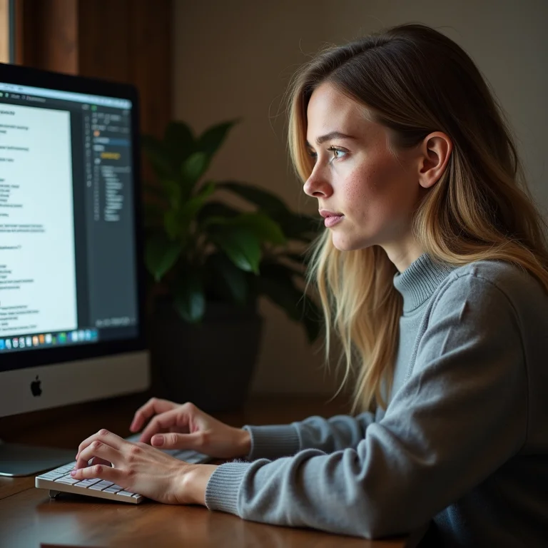 Mulher branca com sardas editando texto rapidamente com atalhos de teclado.