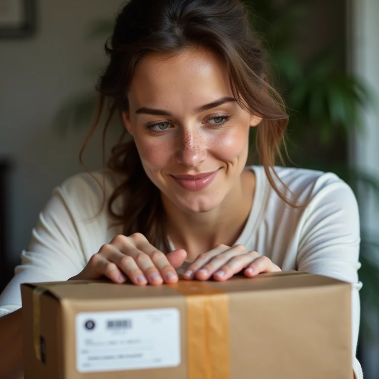 Mulher branca com sardas embalando produto para devolução.