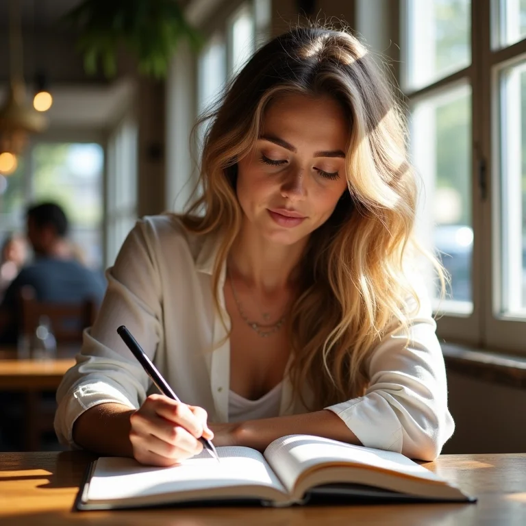 Mulher branca com sardas escrevendo em um caderno em um café ensolarado, representando a criação de um PDI eficaz.