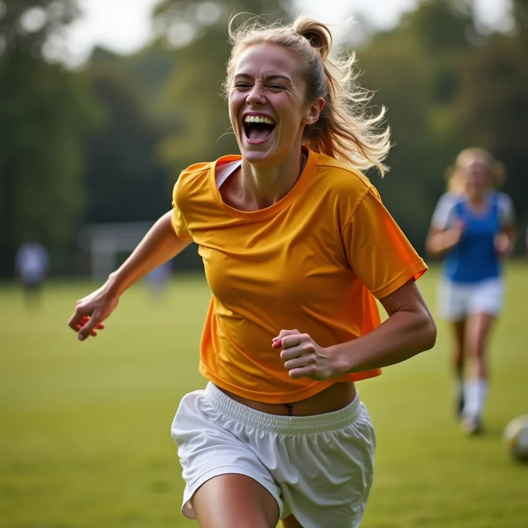Mulher branca com sardas jogando futebol no Kinect Sports