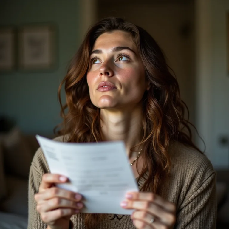 Mulher branca com sardas pensando enquanto usa flashcards.