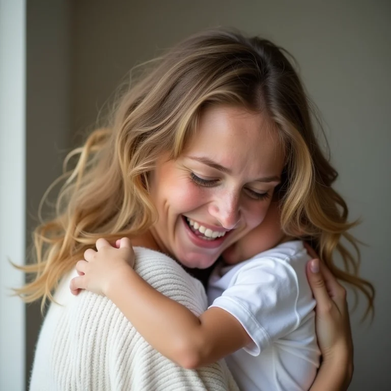 Mulher branca com sardas rindo e segurando um bebê
