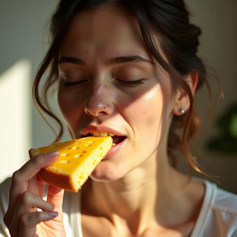 Mulher branca com sardas saboreando bolo de milho cremoso