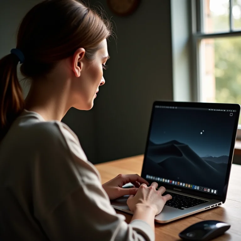 Mulher branca com sardas usando laptop com modo noturno