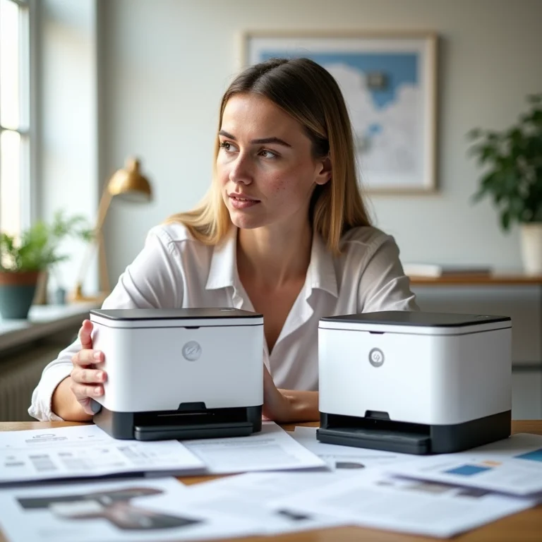 Mulher branca comparando diferentes modelos de impressoras tanque de tinta.