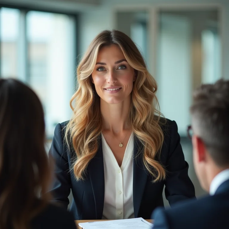 Mulher branca confiante em reunião de negócios.