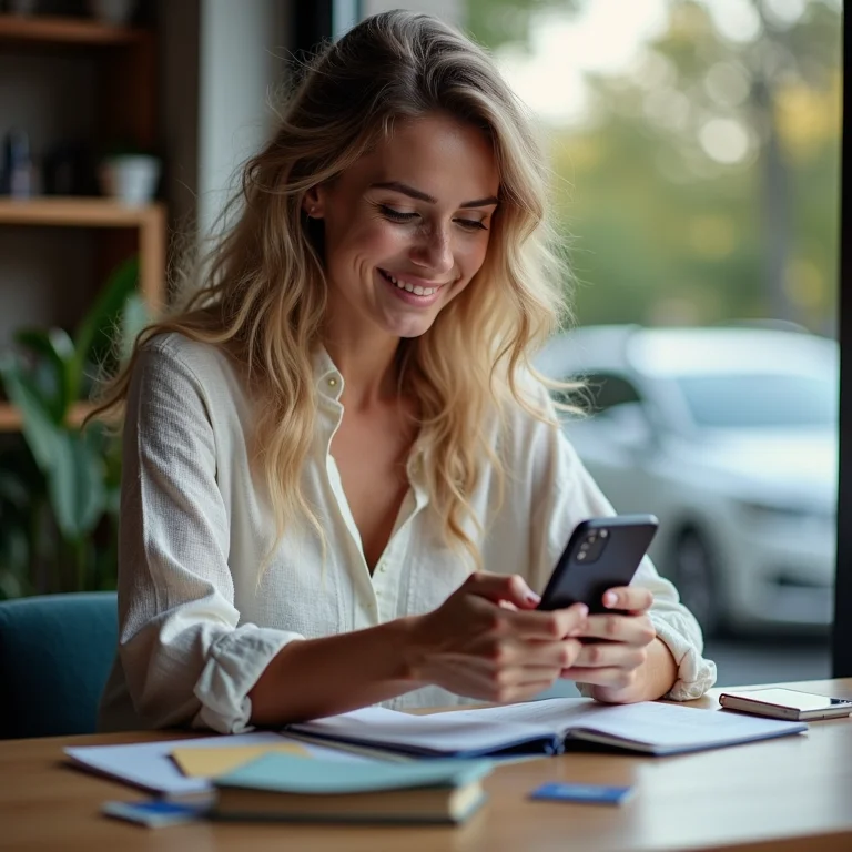 Mulher branca configurando formas de pagamento no app Uber com documentos de viagem