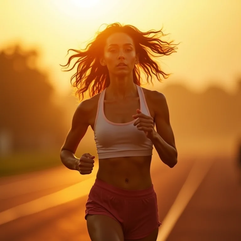 Mulher branca correndo em pista de atletismo