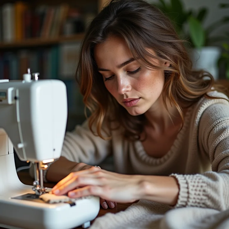 Mulher branca costurando patchwork.