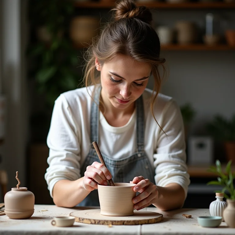 Mulher branca criando cerâmica em estúdio