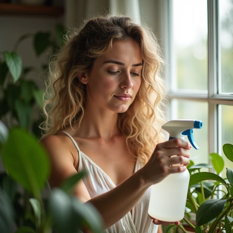 Mulher branca cuidando de plantas com borrifador