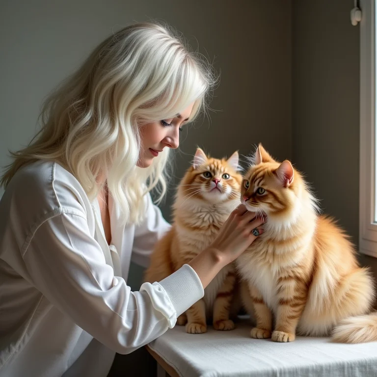 Mulher branca cuidando de três gatos persas