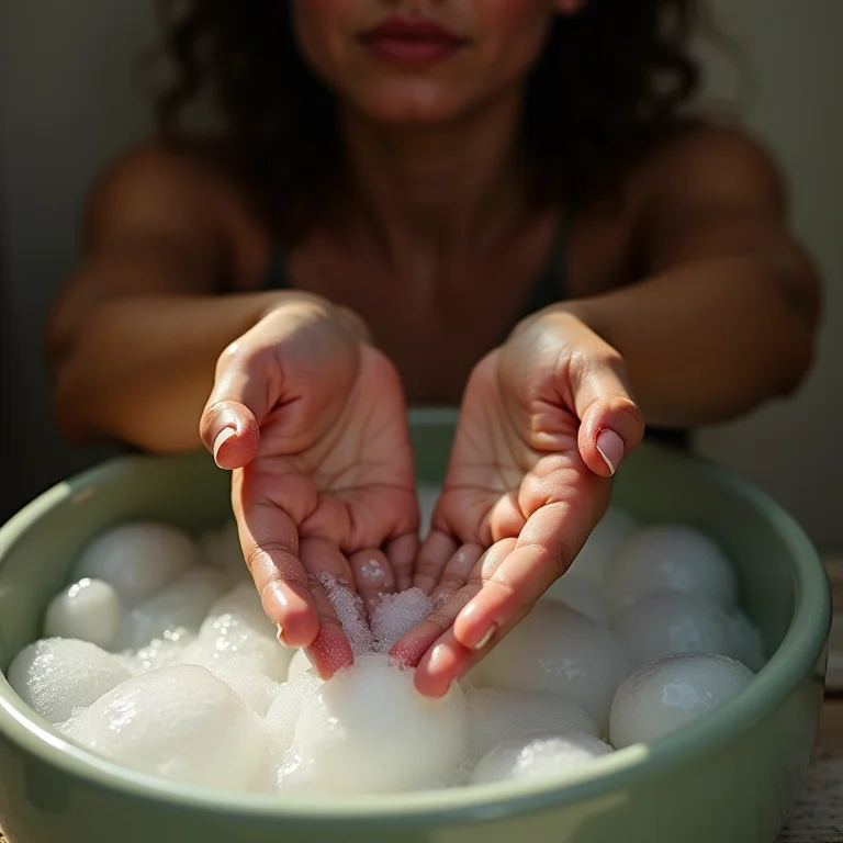 Mulher branca de sardas amolecendo as cutículas com água e sabão.